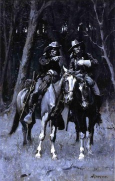 Frederic Remington Painting - Exploradores cheyenne patrullando los grandes bosques del norte de Canadá, el antiguo oeste americano de Oklahoma, Frederic Remington